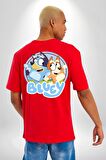 Bluey  Kırmızı Oversize Kadın Erkek Ön ve Sırt Baskılı Tişört