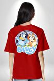 Bluey  Kırmızı Oversize Kadın Erkek Ön ve Sırt Baskılı Tişört