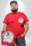 Bluey  Kırmızı Büyük Beden Kadın Basic Minimal Baskılı Tişört