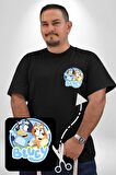 Bluey  Siyah Büyük Beden Kadın Basic Minimal Baskılı Tişört