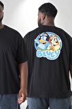 Bluey  Büyük Beden Siyah Tişört Kadın Erkek Ünisex Sırt Baskılı