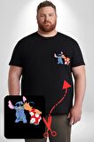 Lilo Ve Stitch Öpücük Siyah Büyük Beden Kadın Basic Minimal Baskılı Tişört