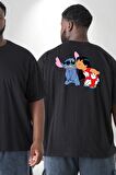 Lilo Ve Stitch Öpücük Büyük Beden Siyah Tişört Kadın Erkek Ünisex Sırt Baskılı