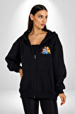 Winnie the Pooh Piglet Bal Küpü Kadın Erkek Siyah Kapüşonlu Fermuarlı Baskılı Hırka Sweatshirt