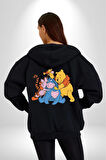 Winnie the Pooh Piglet Bal Küpü Kadın Erkek Siyah Kapüşonlu Fermuarlı Baskılı Hırka Sweatshirt