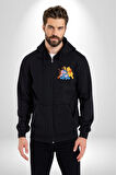 Winnie the Pooh Piglet Bal Küpü Kadın Erkek Siyah Kapüşonlu Fermuarlı Baskılı Hırka Sweatshirt
