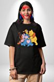Winnie the Pooh Piglet Bal Küpü Pamuklu Bisiklet Yaka Kadın Erkek Oversize Boyfriend Dijital Baskılı Siyah T-shirt