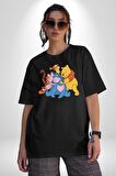 Winnie the Pooh Piglet Bal Küpü Pamuklu Bisiklet Yaka Kadın Erkek Oversize Boyfriend Dijital Baskılı Siyah T-shirt