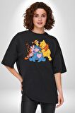 Winnie the Pooh Piglet Bal Küpü Pamuklu Bisiklet Yaka Kadın Erkek Oversize Boyfriend Dijital Baskılı Siyah T-shirt