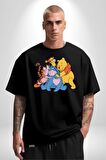 Winnie the Pooh Piglet Bal Küpü Pamuklu Bisiklet Yaka Kadın Erkek Oversize Boyfriend Dijital Baskılı Siyah T-shirt