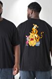 Winnie the Pooh Piglet Tiger Büyük Beden Siyah Tişört Kadın Erkek Ünisex Sırt Baskılı