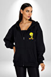 Twity Kadın Erkek Siyah Kapüşonlu Fermuarlı Baskılı Hırka Sweatshirt