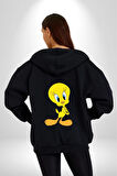 Twity Kadın Erkek Siyah Kapüşonlu Fermuarlı Baskılı Hırka Sweatshirt