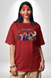 Encanto Pamuklu Bisiklet Yaka Kadın Erkek Oversize Boyfriend Dijital Baskılı Kırmızı T-shirt