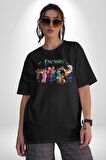 Encanto Pamuklu Bisiklet Yaka Kadın Erkek Oversize Boyfriend Dijital Baskılı Siyah T-shirt