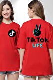 TikTok Life Kırmızı Oversize Kadın Erkek Ön ve Sırt Baskılı Tişört