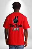 TikTok Life Kırmızı Oversize Kadın Erkek Ön ve Sırt Baskılı Tişört