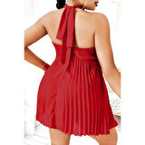 MARSiLYAN- Büyük Beden Kırmızı Fırfırlı Boyundan Bağlamalı Gecelik