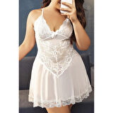 MARSiLYAN- Büyük Beden Beyaz Dantel İşlemeli İnce Askılı Gecelik