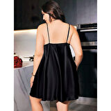 MARSiLYAN- Büyük Beden Siyah Kelebek Desenli İnce Askılı Saten Gecelik