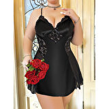 MARSiLYAN- Büyük Beden Siyah Dantel İşlemeli İnce Askılı Saten Gecelik