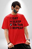 Tiktok Yemek Uyku Tekrar Et Pamuklu Bisiklet Yaka Kadın Erkek Oversize Boyfriend Dijital Baskılı Kırmızı T-shirt