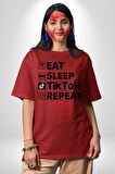 Tiktok Yemek Uyku Tekrar Et Pamuklu Bisiklet Yaka Kadın Erkek Oversize Boyfriend Dijital Baskılı Kırmızı T-shirt
