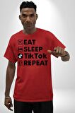 Tiktok Yemek Uyku Tekrar Et Pamuklu Bisiklet Yaka Kadın Erkek Oversize Boyfriend Dijital Baskılı Kırmızı T-shirt