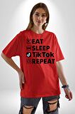 Tiktok Yemek Uyku Tekrar Et Pamuklu Bisiklet Yaka Kadın Erkek Oversize Boyfriend Dijital Baskılı Kırmızı T-shirt