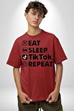 Tiktok Yemek Uyku Tekrar Et Pamuklu Bisiklet Yaka Kadın Erkek Oversize Boyfriend Dijital Baskılı Kırmızı T-shirt