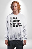 Tiktok Yemek Uyku Tekrar Et Kadın Erkek Beyaz Sweatshirt 
