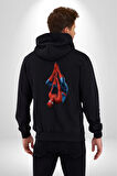 Spider Man Kadın Erkek Siyah Kapüşonlu Fermuarlı Baskılı Hırka Sweatshirt