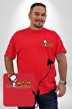Snoopy İle Kuşlar Kamp Kırmızı Büyük Beden Kadın Basic Minimal Baskılı Tişört