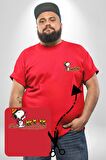 Snoopy İle Kuşlar Kamp Kırmızı Büyük Beden Kadın Basic Minimal Baskılı Tişört