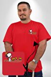 Snoopy İle Kuşlar Kamp Kırmızı Büyük Beden Kadın Basic Minimal Baskılı Tişört