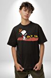 Snoopy İle Kuşlar Kamp Pamuklu Bisiklet Yaka Kadın Erkek Oversize Boyfriend Dijital Baskılı Siyah T-shirt