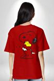 Snoopy Kuş Sevgisi Kırmızı Oversize Kadın Erkek Ön ve Sırt Baskılı Tişört