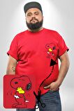 Snoopy Kuş Sevgisi Kırmızı Büyük Beden Kadın Basic Minimal Baskılı Tişört