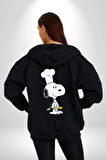 Snoopy Yemek Aşcı Kadın Erkek Siyah Kapüşonlu Fermuarlı Baskılı Hırka Sweatshirt
