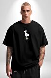 Snoopy Yemek Aşcı Siyah Oversize Kadın Erkek Ön Orta Minimal Baskılı Tişört