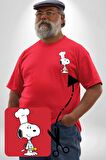 Snoopy Yemek Aşcı Kırmızı Büyük Beden Kadın Basic Minimal Baskılı Tişört