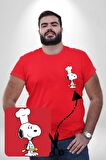 Snoopy Yemek Aşcı Kırmızı Büyük Beden Kadın Basic Minimal Baskılı Tişört