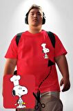 Snoopy Yemek Aşcı Kırmızı Büyük Beden Kadın Basic Minimal Baskılı Tişört