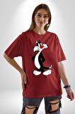 Sylvester Kedi Pamuklu Bisiklet Yaka Kadın Erkek Oversize Boyfriend Dijital Baskılı Kırmızı T-shirt