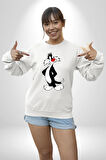 Sylvester Kedi Kadın Erkek Beyaz Sweatshirt 