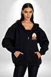 Looney Tunes Küfürbaz Haydo Kadın Erkek Siyah Kapüşonlu Fermuarlı Baskılı Hırka Sweatshirt