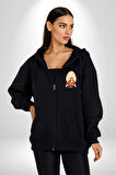 Looney Tunes Küfürbaz Haydo Kadın Erkek Siyah Kapüşonlu Fermuarlı Baskılı Hırka Sweatshirt