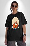 Looney Tunes Küfürbaz Haydo Pamuklu Bisiklet Yaka Kadın Erkek Oversize Boyfriend Dijital Baskılı Siyah T-shirt