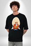 Looney Tunes Küfürbaz Haydo Pamuklu Bisiklet Yaka Kadın Erkek Oversize Boyfriend Dijital Baskılı Siyah T-shirt