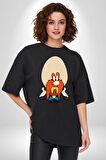 Looney Tunes Küfürbaz Haydo Pamuklu Bisiklet Yaka Kadın Erkek Oversize Boyfriend Dijital Baskılı Siyah T-shirt